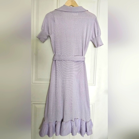 Lilac light purple lavender short sleeves gold tone belt rayon knit dress S - Picture 7 of 12